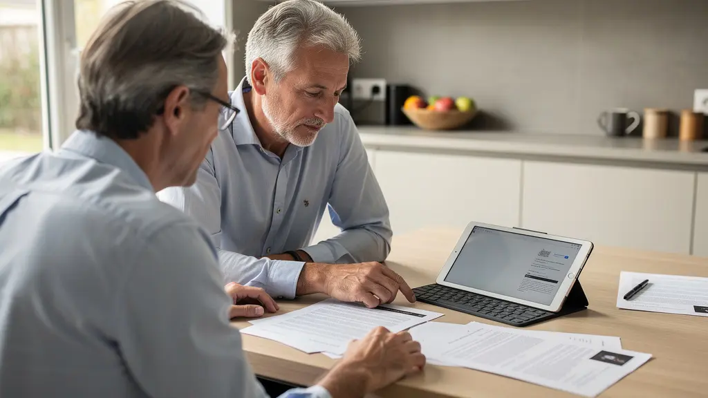 Couple français consultant des documents et tablette pour projet photovoltaïque
