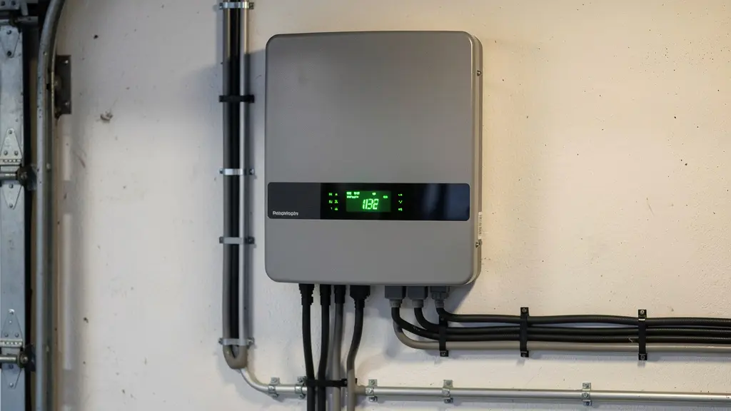 Onduleur photovoltaïque installé dans un garage avec câbles organisés