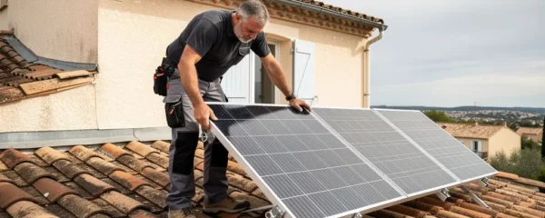 Installateur photovoltaïque inspectant des panneaux solaires sur toiture tuiles en Occitanie