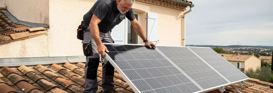Installateur photovoltaïque inspectant des panneaux solaires sur toiture tuiles en Occitanie