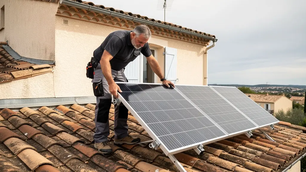 Installateur photovoltaïque inspectant des panneaux solaires sur toiture tuiles en Occitanie