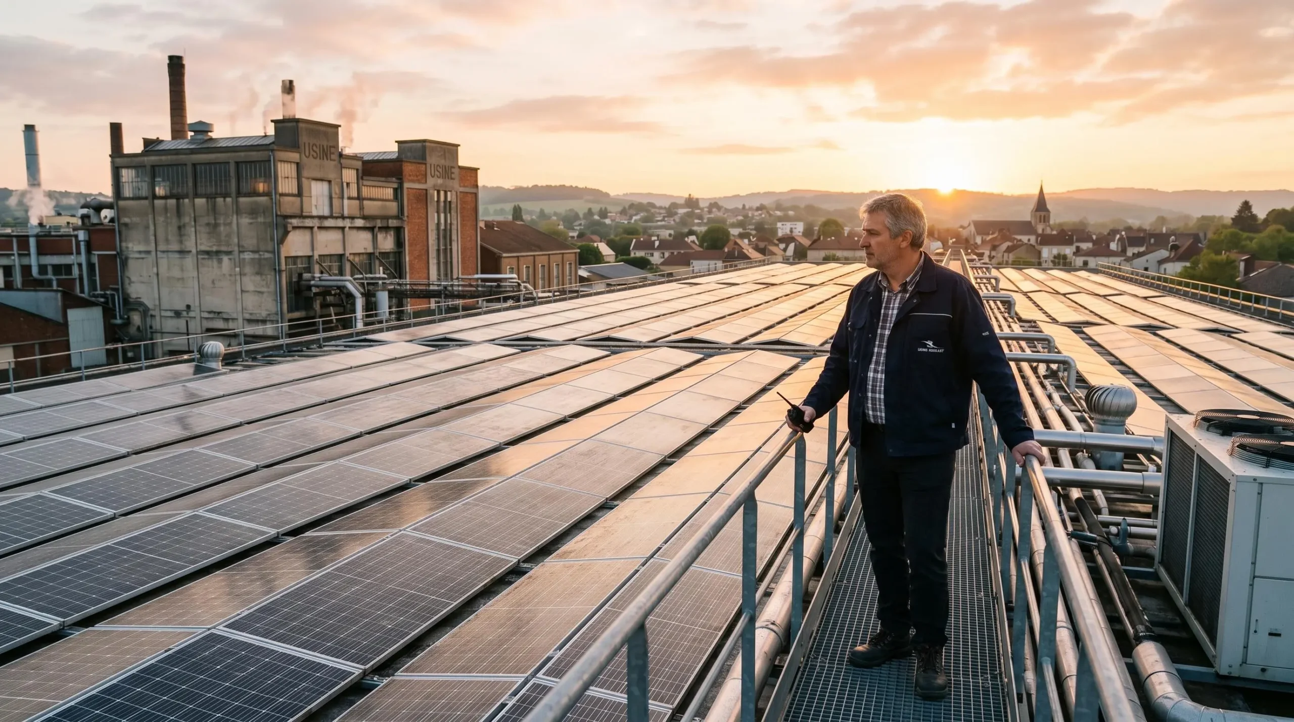 Directeur d'usine debout sur le toit de son bâtiment industriel, observant les rangées de panneaux photovoltaïques nouvellement installés au lever du soleil