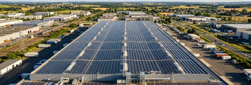 Vue aérienne d'une toiture industrielle équipée de panneaux photovoltaïques sous un ciel dégagé, illustrant l'autoconsommation solaire pour entreprise
