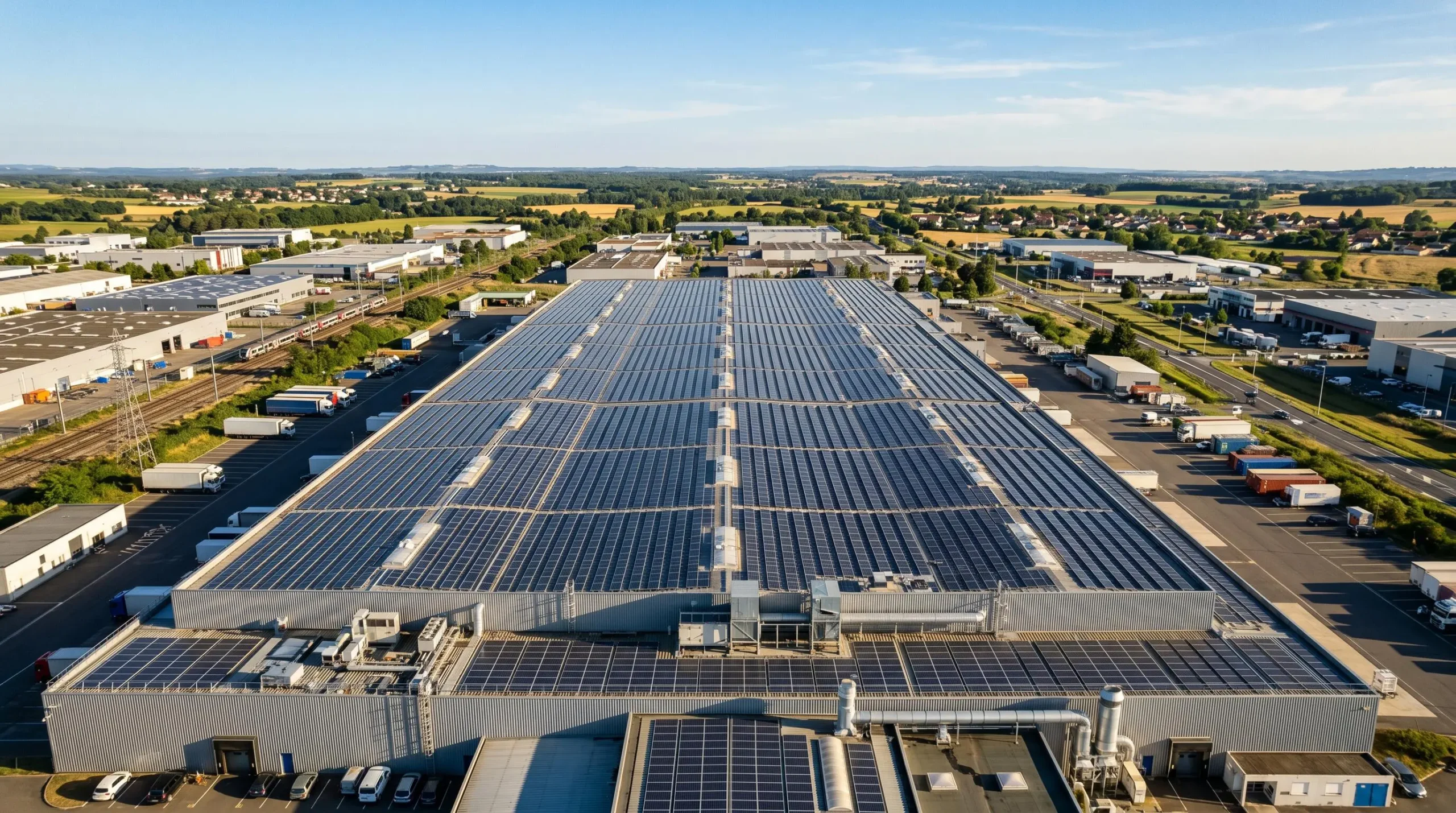 Vue aérienne d'une toiture industrielle équipée de panneaux photovoltaïques sous un ciel dégagé, illustrant l'autoconsommation solaire pour entreprise